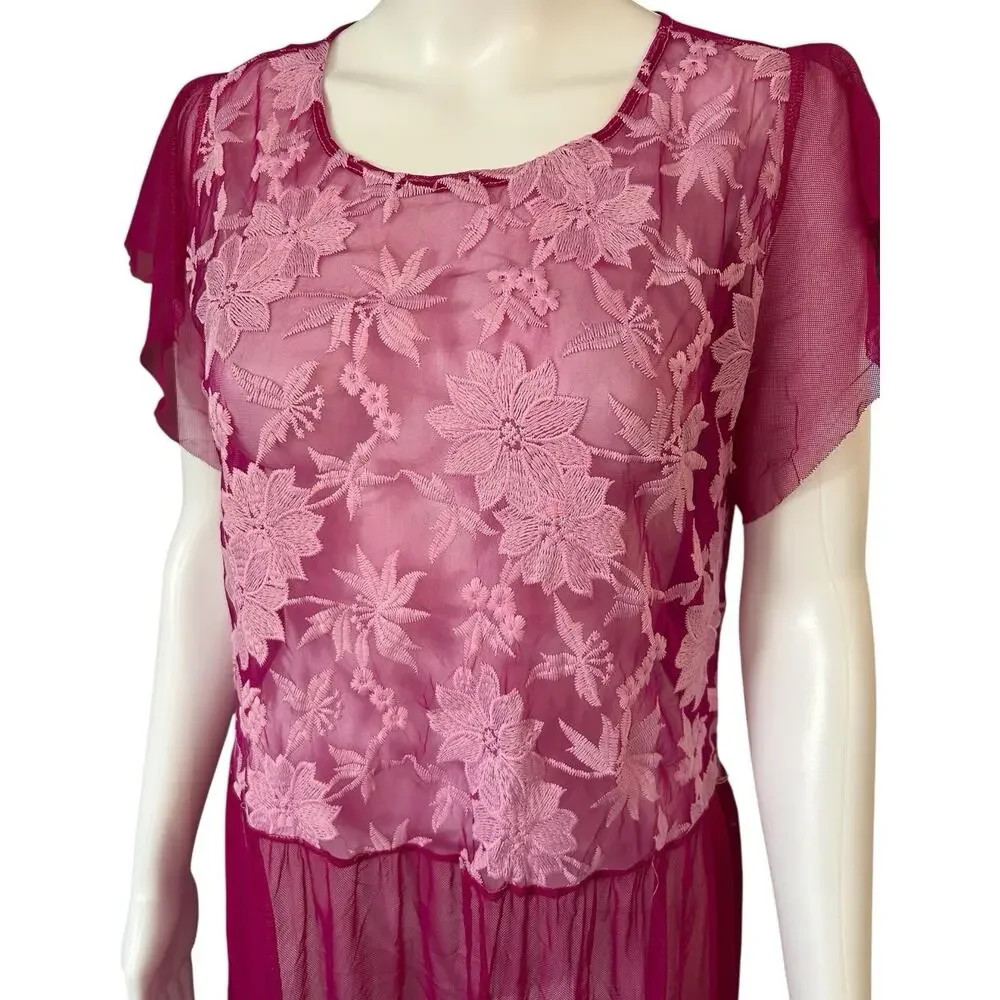 Vince Camuto Sz M Floral Embroidered Mesh Sheer Overlay Dress Pink Purple Maxi - Picture 2 of 9